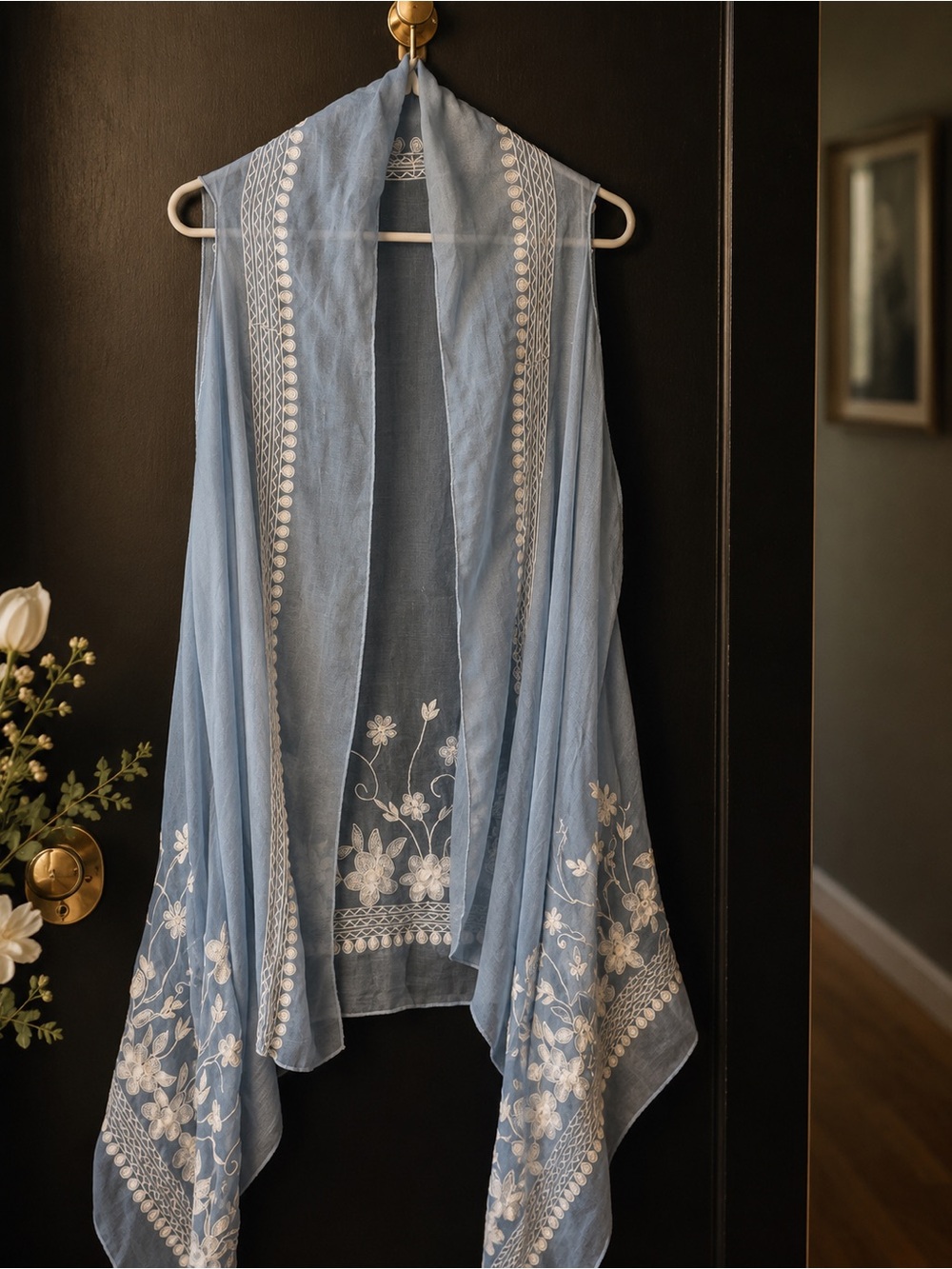 Light Blue Embroidered Sheer kimono-Elegant Draped Accent